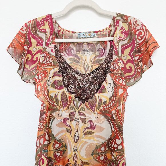 Y2K Unity Top‎ Mesh Paisley Print Crochet Brown Orange Size M Boho Forest Fairy - Picture 2 of 8